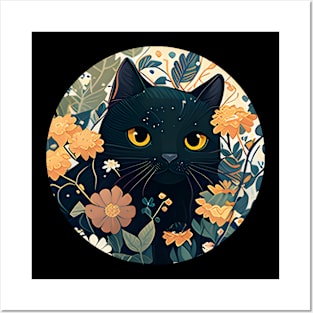 Floral Cat Botanical Plant Flower Cat Lover Posters and Art